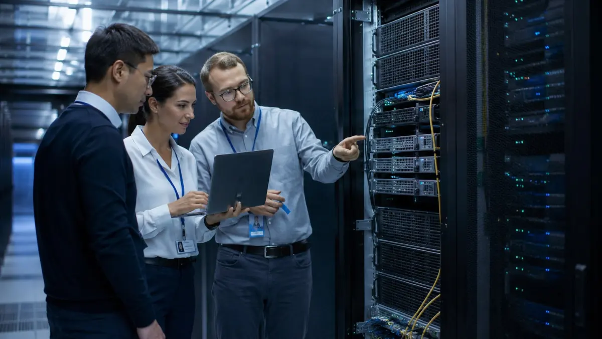 Engineer standing inside a data center aisle